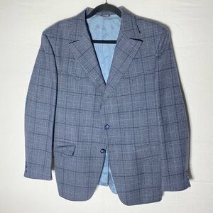Vintage Flying J Light Blue Plaid Western Style Wool Blazer Suit Jacket 44R